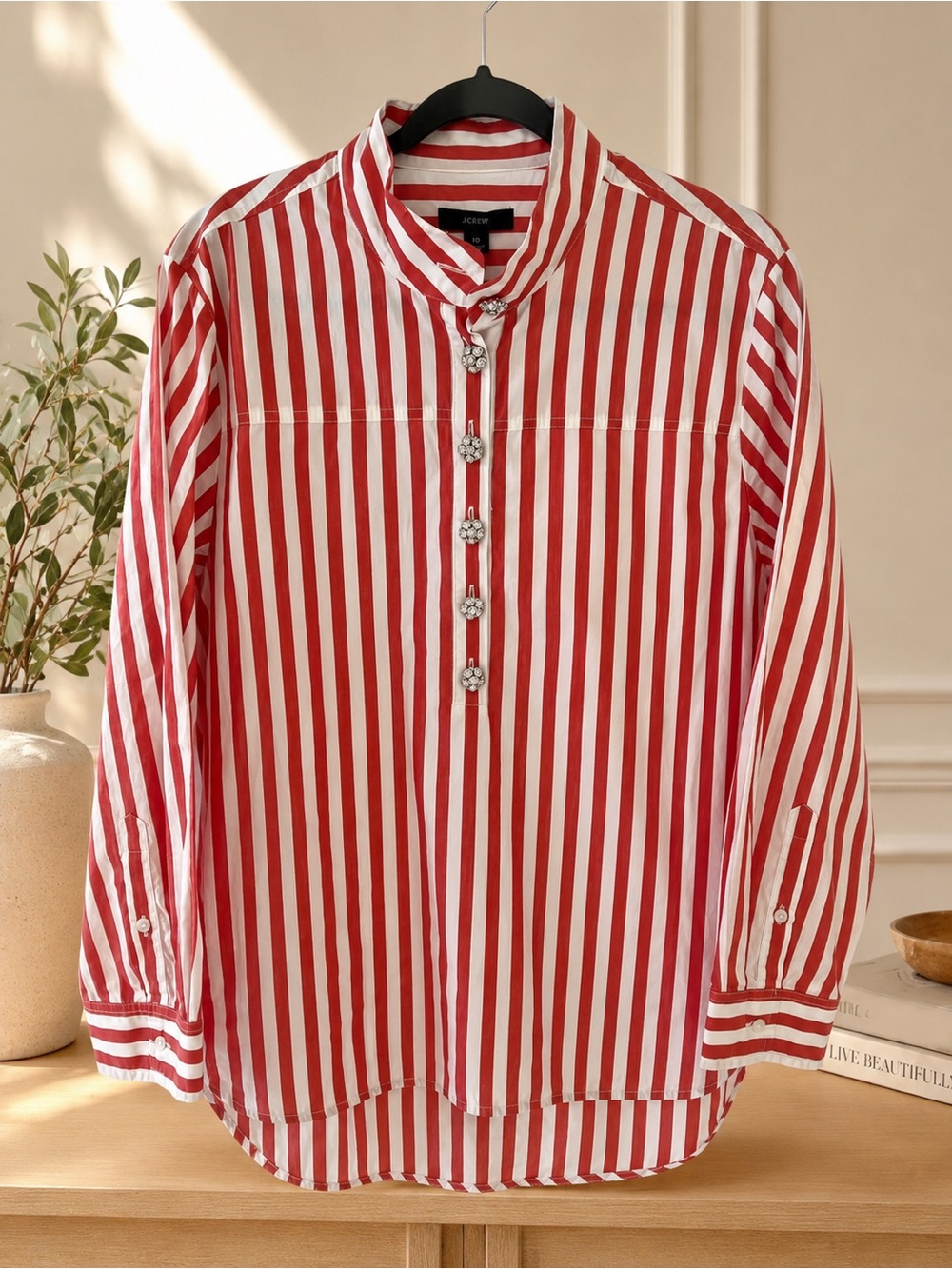 J. Crew Red and White Vertical Stripe Button-Front Shirt